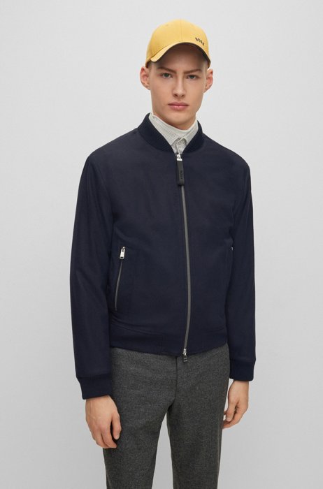 Slim-fit bomber jacket with ribbed trims, Dark Blue