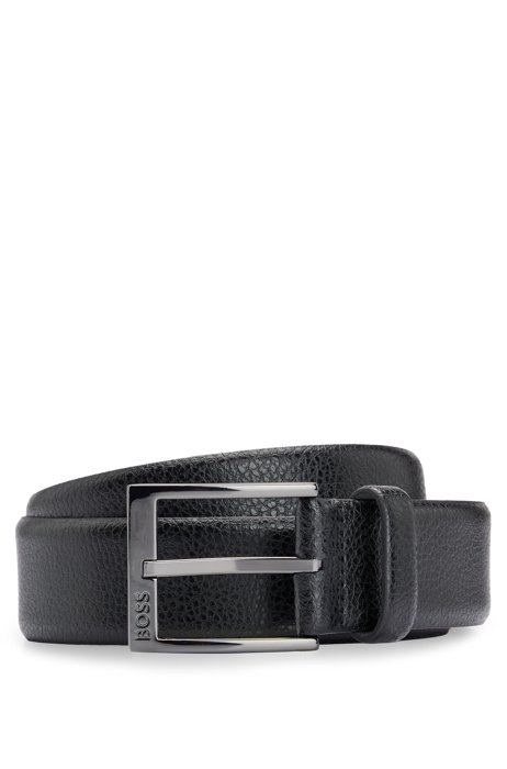 Cinturón de hebilla con logo en piel granulada italiana, Negro