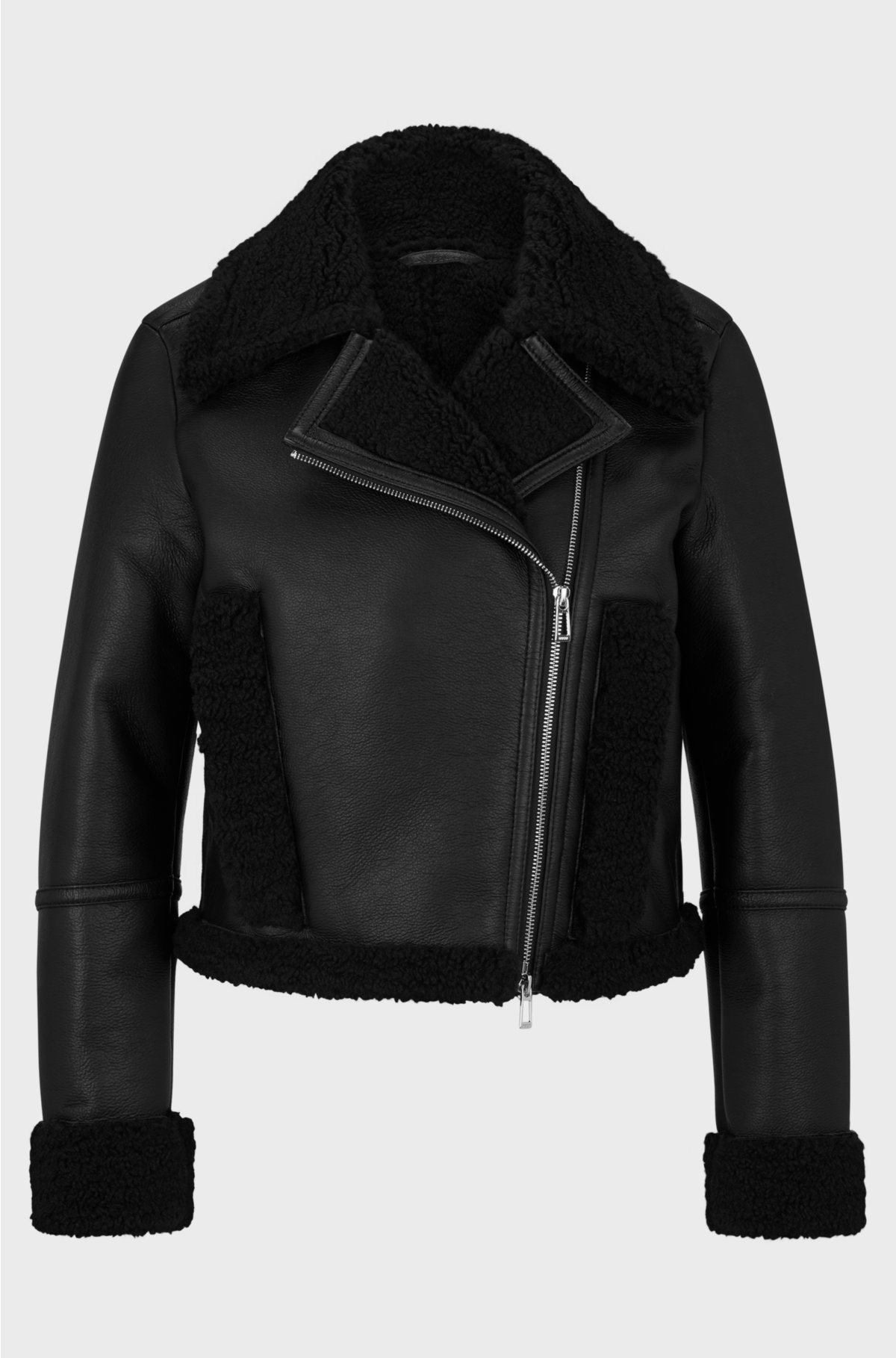 Faux-leather jacket with faux-fur trims, Black