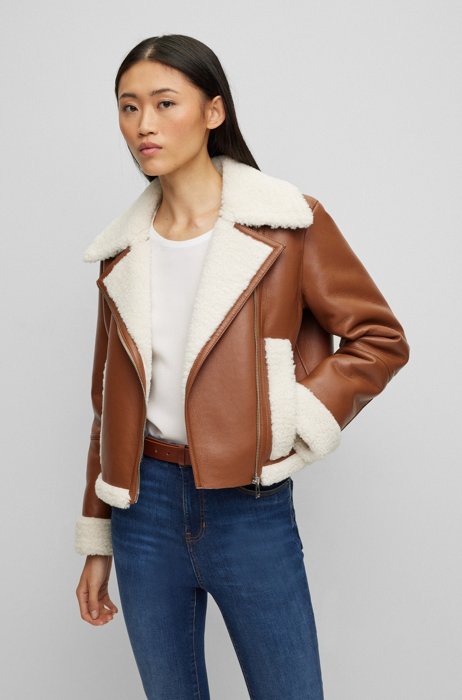 Faux-leather jacket with faux-fur trims, Dark Brown