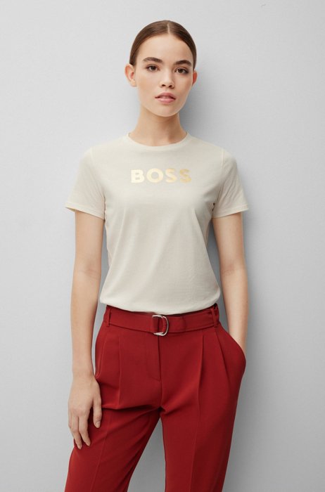 Organic-cotton T-shirt with foil-print logo, White