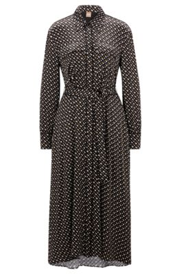 Shop BOSS Long-Sleeved Monogram-Print Dress With Tie Neckline