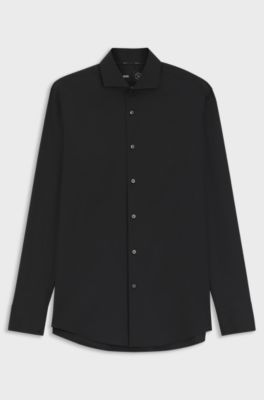 Chemise Slim Fit en popeline de coton m&eacute;lang&eacute; facile &agrave; repasser, Noir