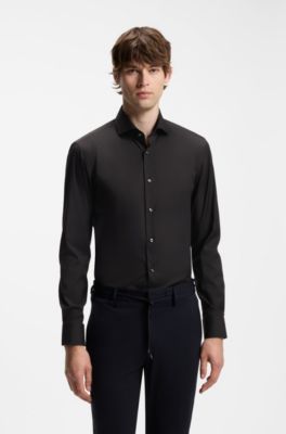 Slim-fit shirt in easy-iron cotton-blend poplin, Black