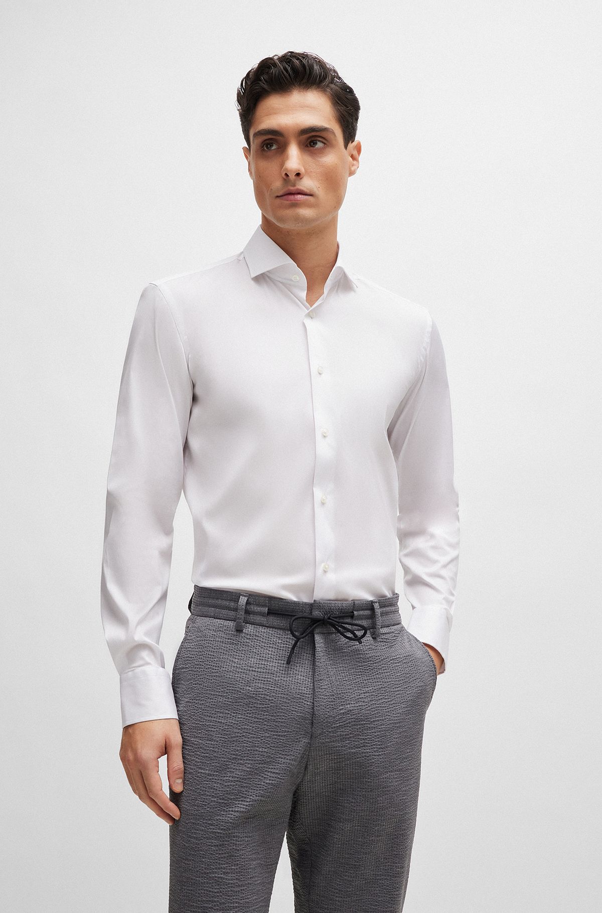 Slim-fit shirt in easy-iron cotton-blend poplin, White