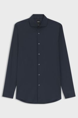 Slim-fit shirt in easy-iron cotton-blend poplin, Dark Blue