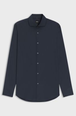 Slim-fit shirt in easy-iron cotton-blend poplin, Dark Blue