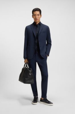 Slim-fit shirt in easy-iron cotton-blend poplin, Dark Blue