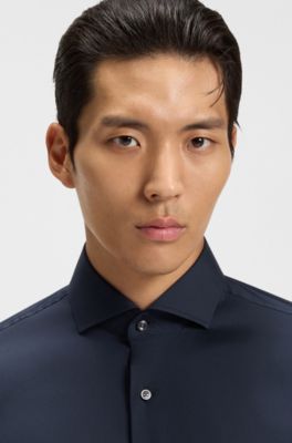 Slim-fit shirt in easy-iron cotton-blend poplin, Dark Blue
