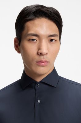 Slim-fit shirt in easy-iron cotton-blend poplin, Dark Blue