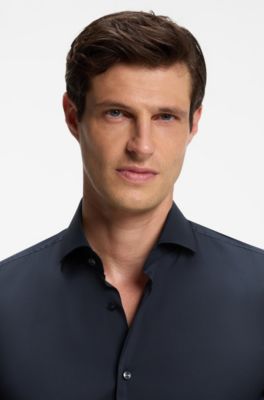 Slim-fit shirt in easy-iron cotton-blend poplin, Dark Blue