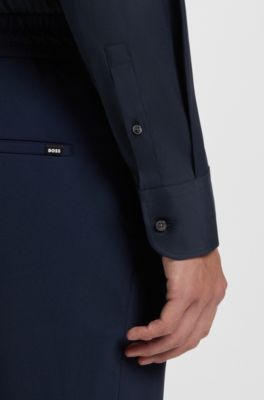 Slim-fit shirt in easy-iron cotton-blend poplin, Dark Blue