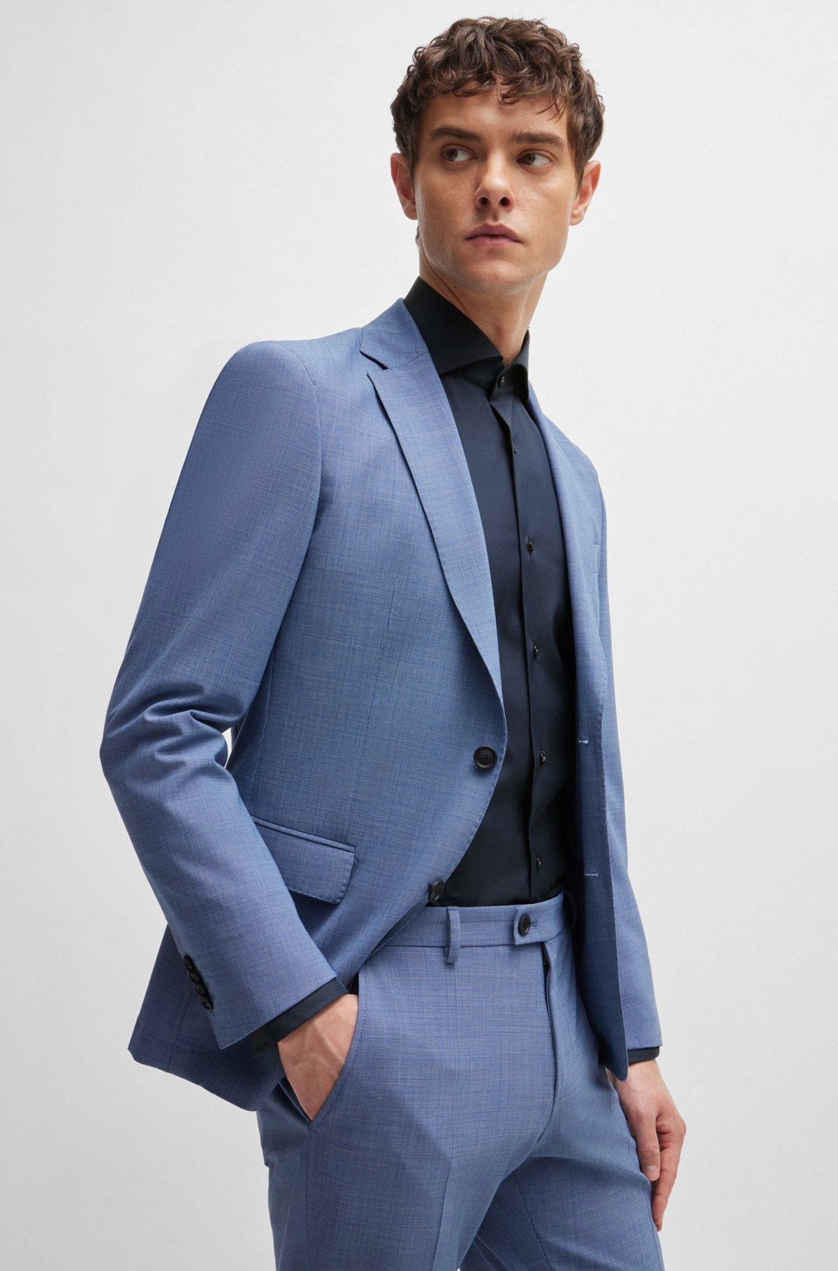 Slim-fit shirt in easy-iron cotton-blend poplin, Dark Blue