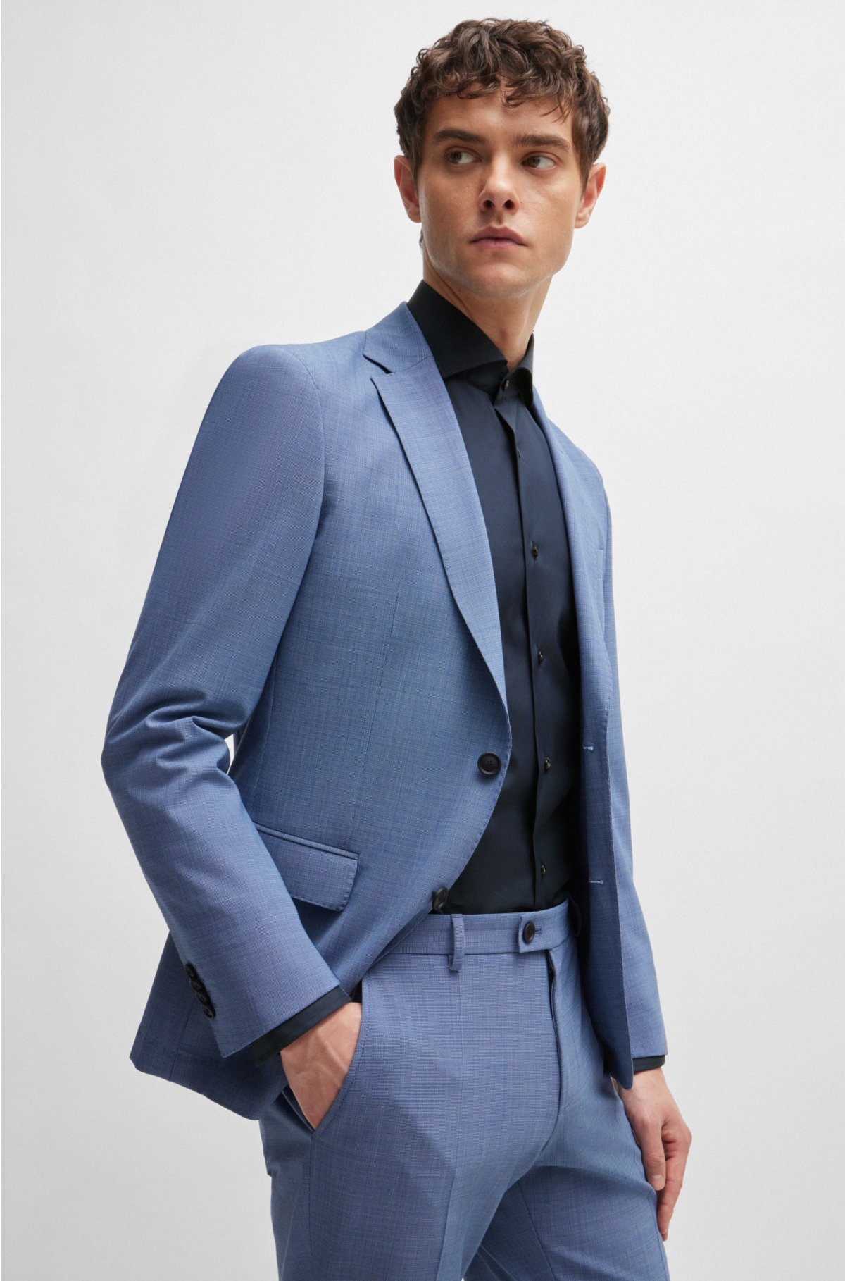 Slim-fit shirt in easy-iron cotton-blend poplin, Dark Blue