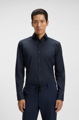 Slim-fit shirt in easy-iron cotton-blend poplin, Dark Blue