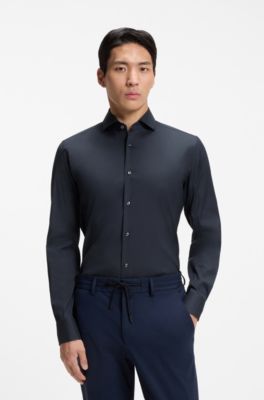 Slim-fit shirt in easy-iron cotton-blend poplin, Dark Blue