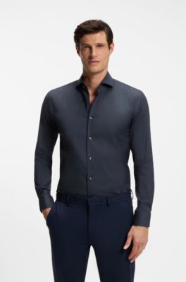 Slim-fit shirt in easy-iron cotton-blend poplin, Dark Blue