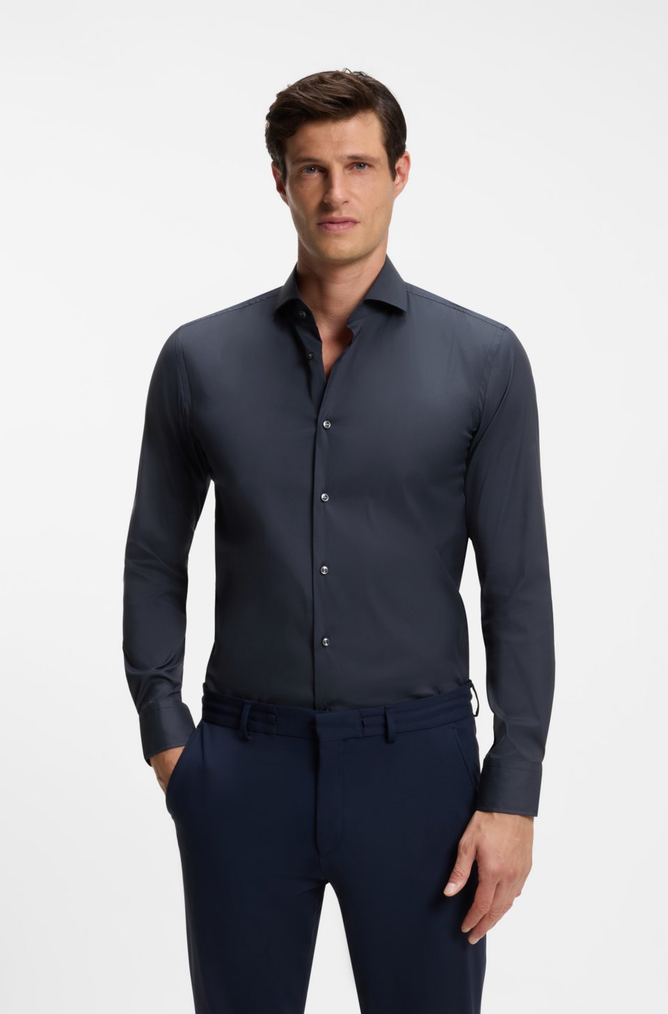 Slim-fit shirt in easy-iron cotton-blend poplin