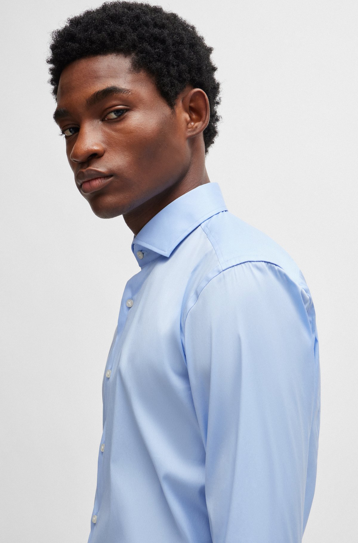Slim-fit shirt in easy-iron cotton-blend poplin, Light Blue