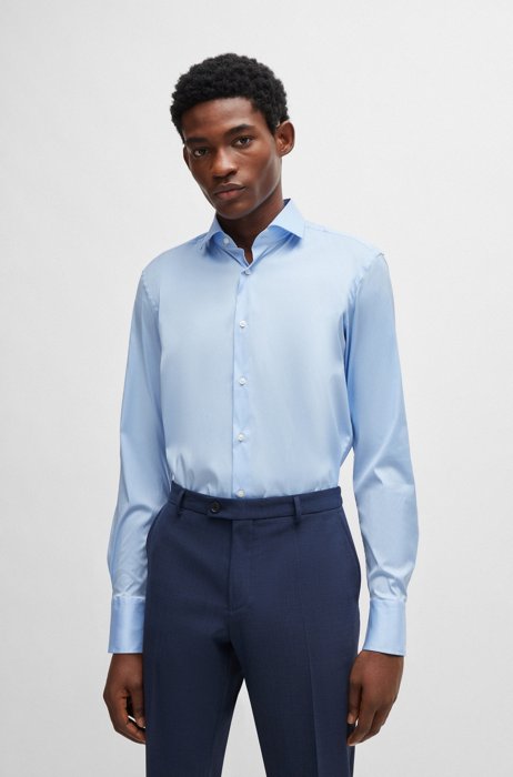 Slim-fit shirt in easy-iron cotton-blend poplin, Light Blue