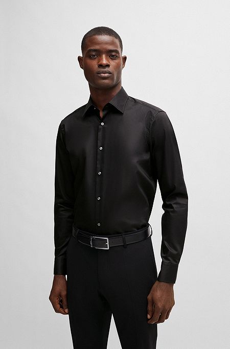 Regular-fit overhemd in een popeline van gemakkelijk te strijken katoen, Zwart