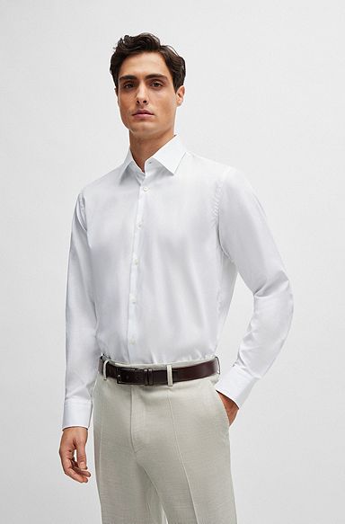 Camisa de ajuste regular em popelina de algodão fácil de passar a ferro, Branco