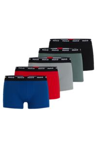 Five-pack of stretch-cotton trunks with logo waistbands, Red / Blue / Black