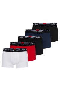Five-pack of stretch-cotton trunks with logo waistbands, White / Red / Black / Blue