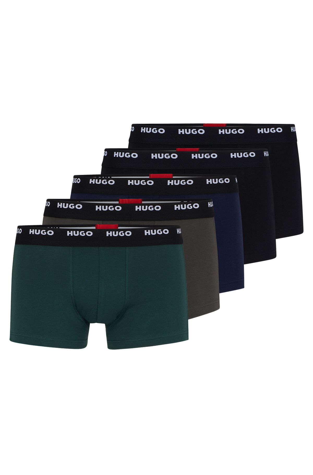 Five-pack of stretch-cotton trunks with logo waistbands, Black / Dark Green / Dark Blue