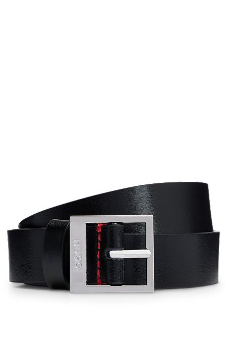 Italian-leather belt with square logo buckle, Black