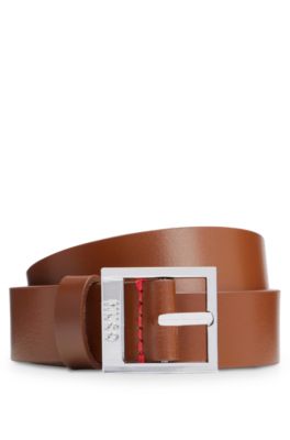 Italian-leather belt with square logo buckle, Brown
