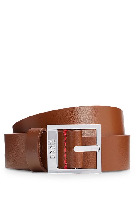 Italian-leather belt with square logo buckle, Brown