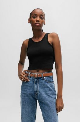 Italian-leather belt with square logo buckle, Brown