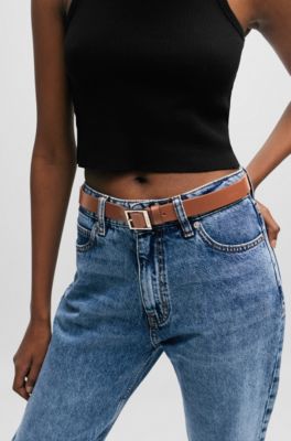 Italian-leather belt with square logo buckle, Brown