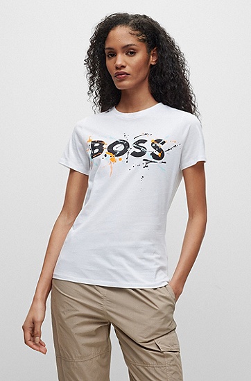 BOSS 博斯系列主题印花徽标装饰棉质 T 恤,  101_Natural
