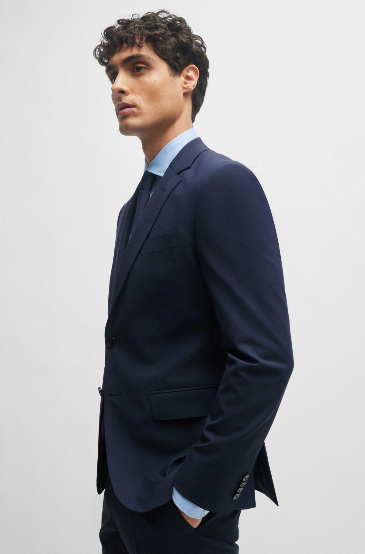 Slim-fit suit jacket in stretch virgin wool, Dark Blue