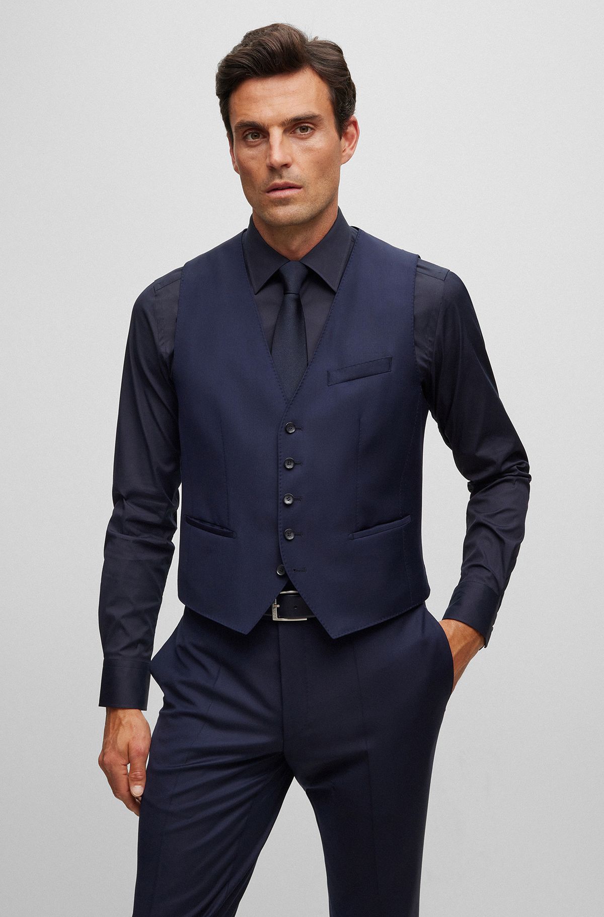 Five-button waistcoat in stretch virgin wool, Dark Blue