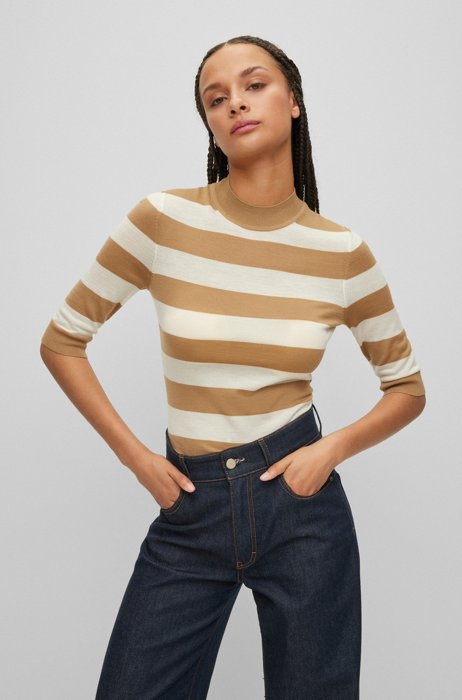 Slim-fit sweater in virgin wool with block stripes, Beige Patterned
