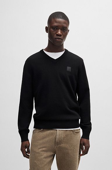Regular-Fit Pullover aus Baumwolle mit Kaschmir-Anteil und Logoaufnäher, Schwarz