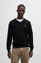 Cotton-cashmere regular-fit sweater with logo patch, Black