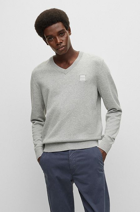 Cotton-cashmere regular-fit sweater with logo patch, Light Grey