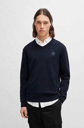 Jersey regular fit de algodón y cashmere con parche de logo, Azul oscuro