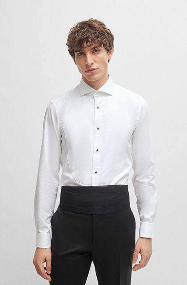 Camisa de vestir slim fit en popelín de algodón elástico de planchado fácil, Blanco