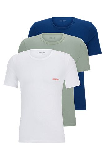 Triple-pack of cotton underwear T-shirts with logo print, Blue / White / Green