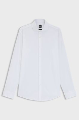 Camisa slim fit de sarga de algod&oacute;n el&aacute;stico, Blanco