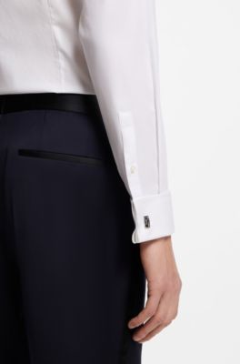 Camisa slim fit de sarga de algod&oacute;n el&aacute;stico, Blanco