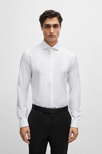 Camisa slim fit de algodón elástico con puños dobles, Blanco