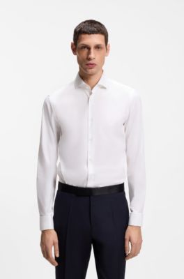 Camisa slim fit de sarga de algod&oacute;n el&aacute;stico, Blanco
