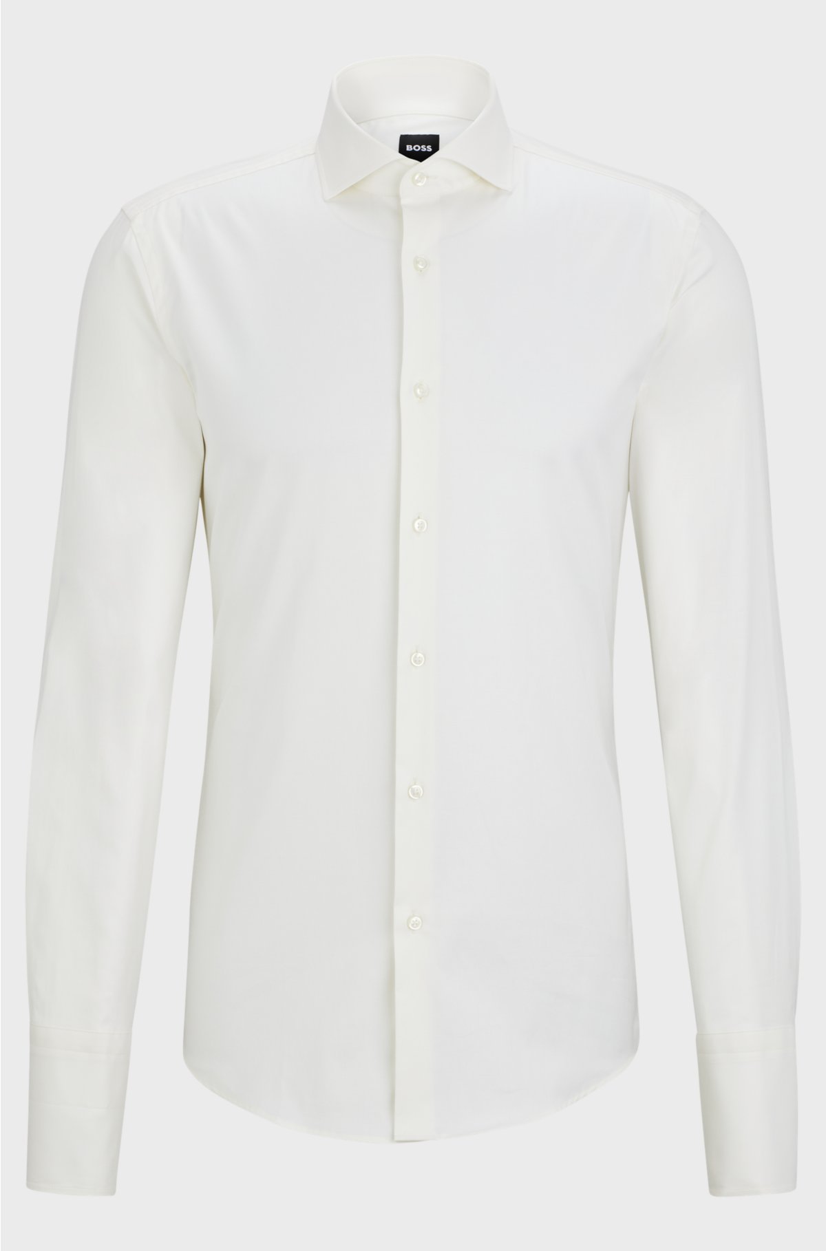 Slim-fit shirt in stretch cotton with double cuffs, Natural