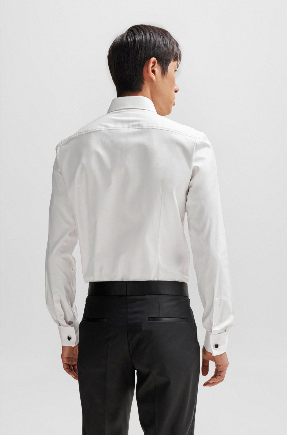 Slim-fit shirt in stretch cotton with double cuffs, Natural